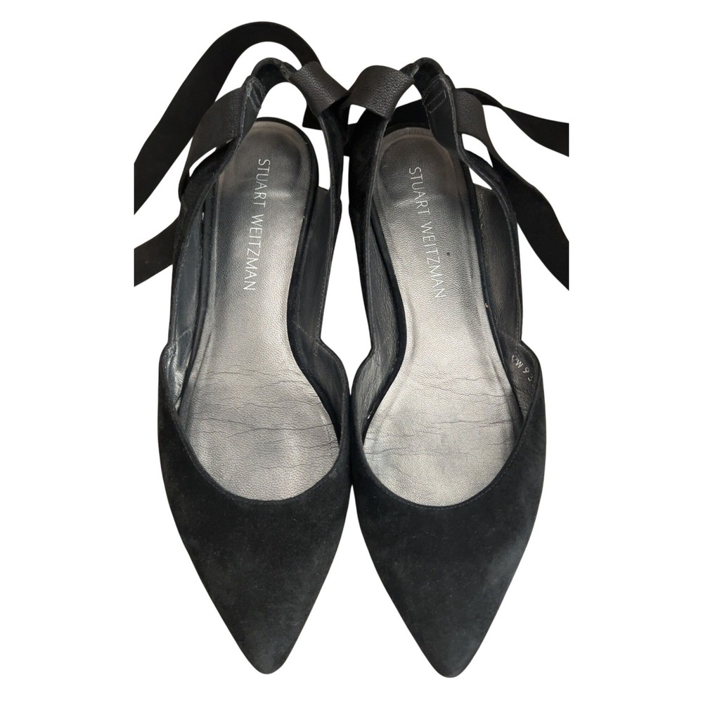Stuart Weitzman Black Suede Flats with Ribbon Ankle Tie SZ: 9